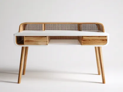 Bureau - bois-MDF-rotin - 136x63x94 cm - blanc-chêne - style naturel vintage-Cozyupio