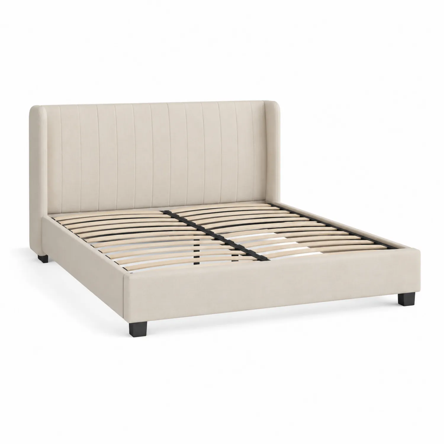 Cama Matrimonial Beige con Estructura de Madera y Tapizado en Poliéster-Livexora
