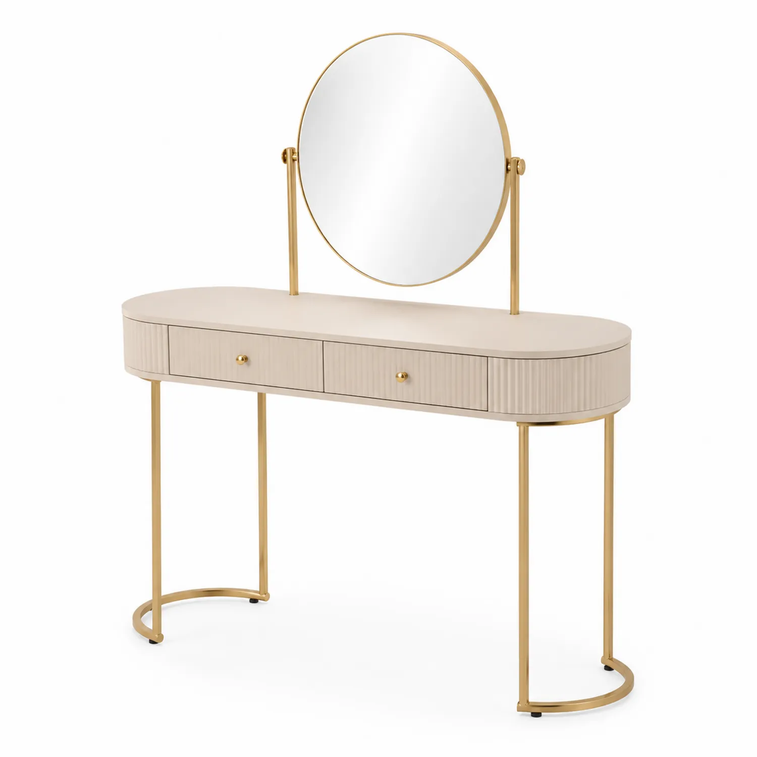 Tocador de madera con espejo redondo beige y dorado-Livexora
