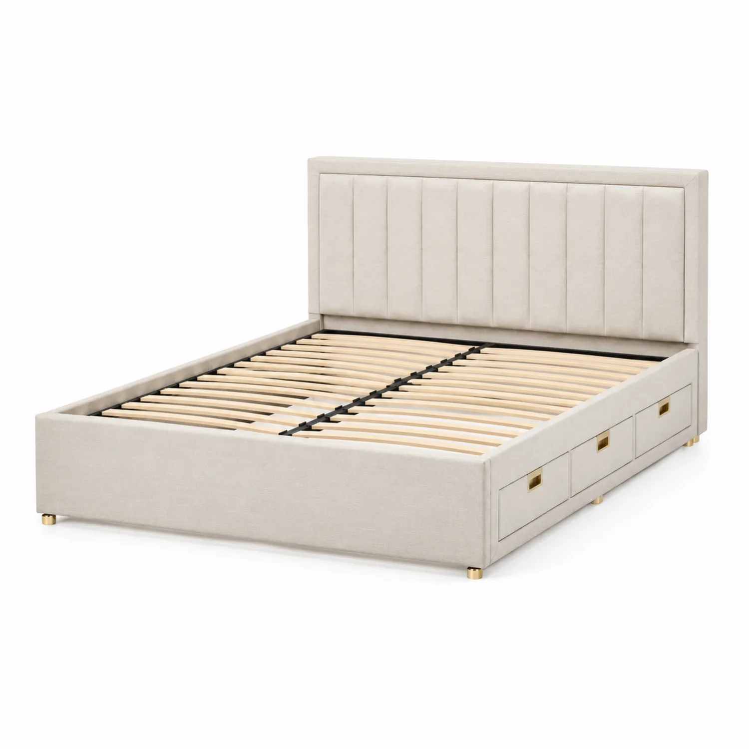 Cama doble con almacenamiento y cabecero tapizado en poliéster Beige-Livexora