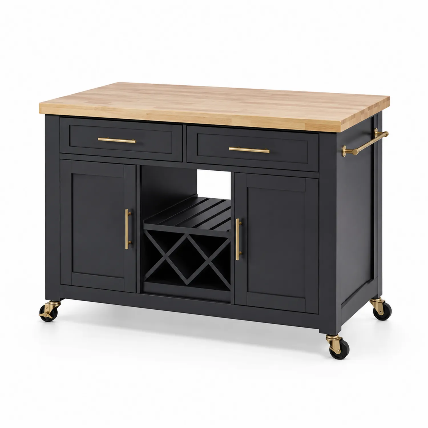 Isla de cocina negra con encimera de madera-Livexora