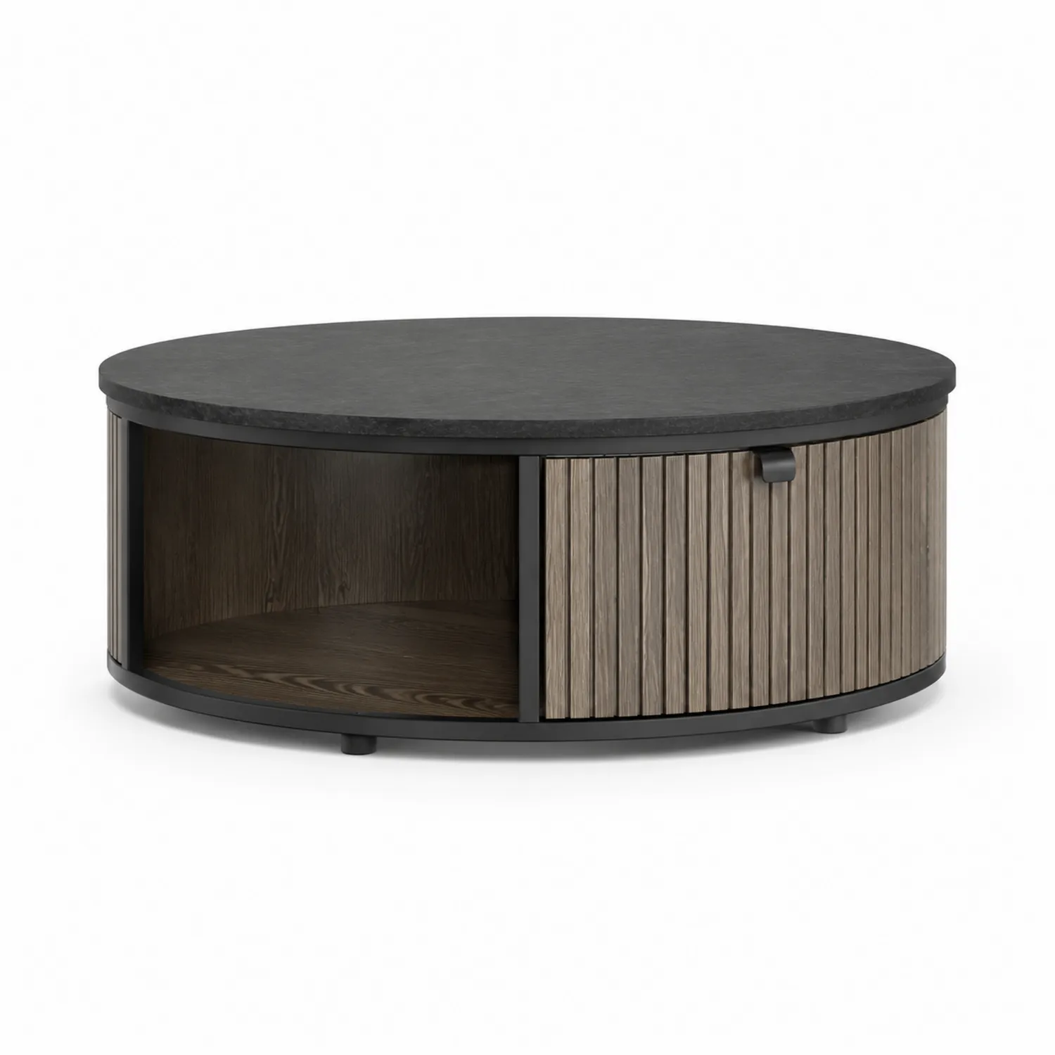 Mesa de centro redonda de madera y granito gris oscuro-Livexora