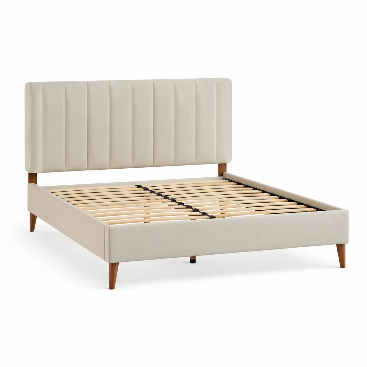 Cama matrimonial con cabecero tapizado en poliéster Beige y estructura de madera de haya 200x160 cm-Livexora