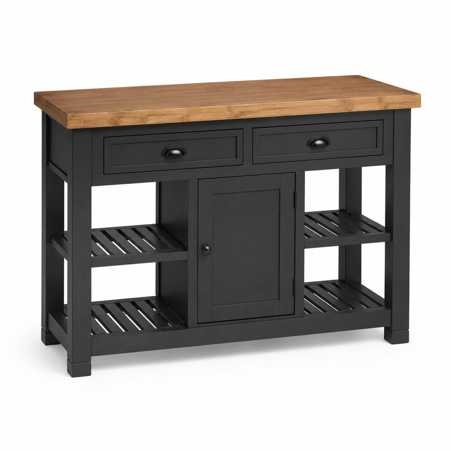 Isla de cocina de madera negra con tablero marrón y estantes-Livexora