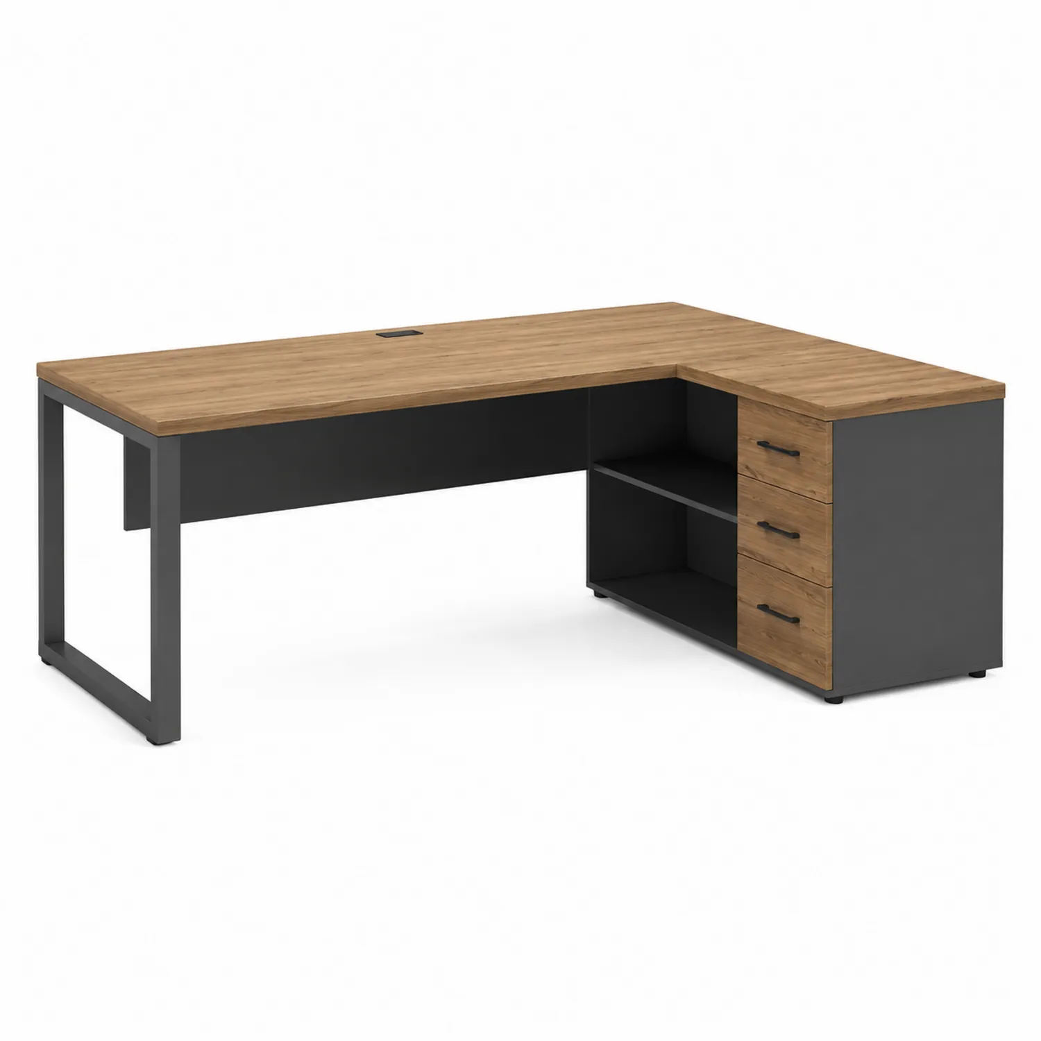 Escritorio en L de Madera y Metal con Estantes y Cajones-Livexora