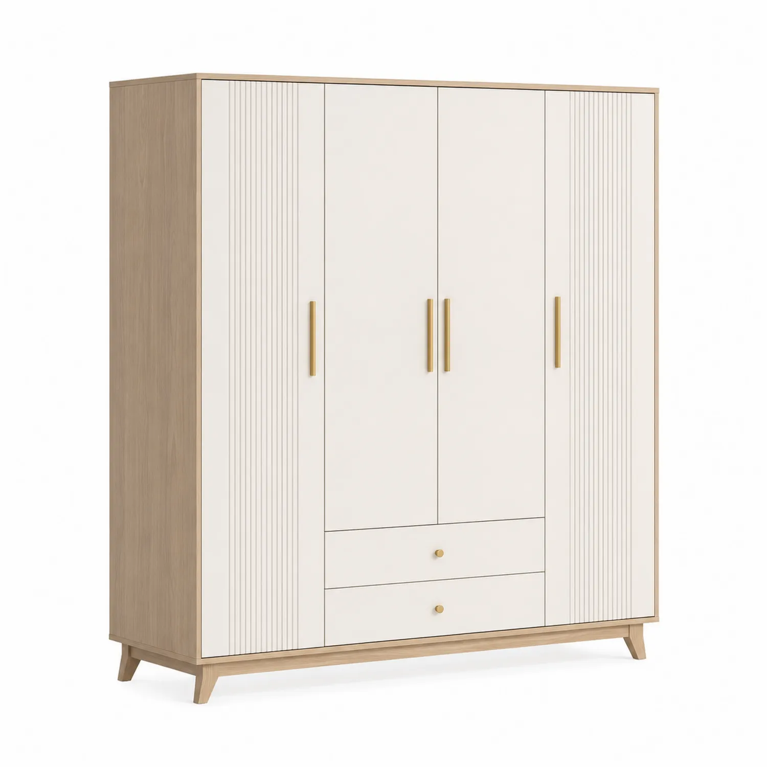Armario de 3 Puertas y 2 Cajones Madera MDF Blanco/Beige con Tiradores Dorados