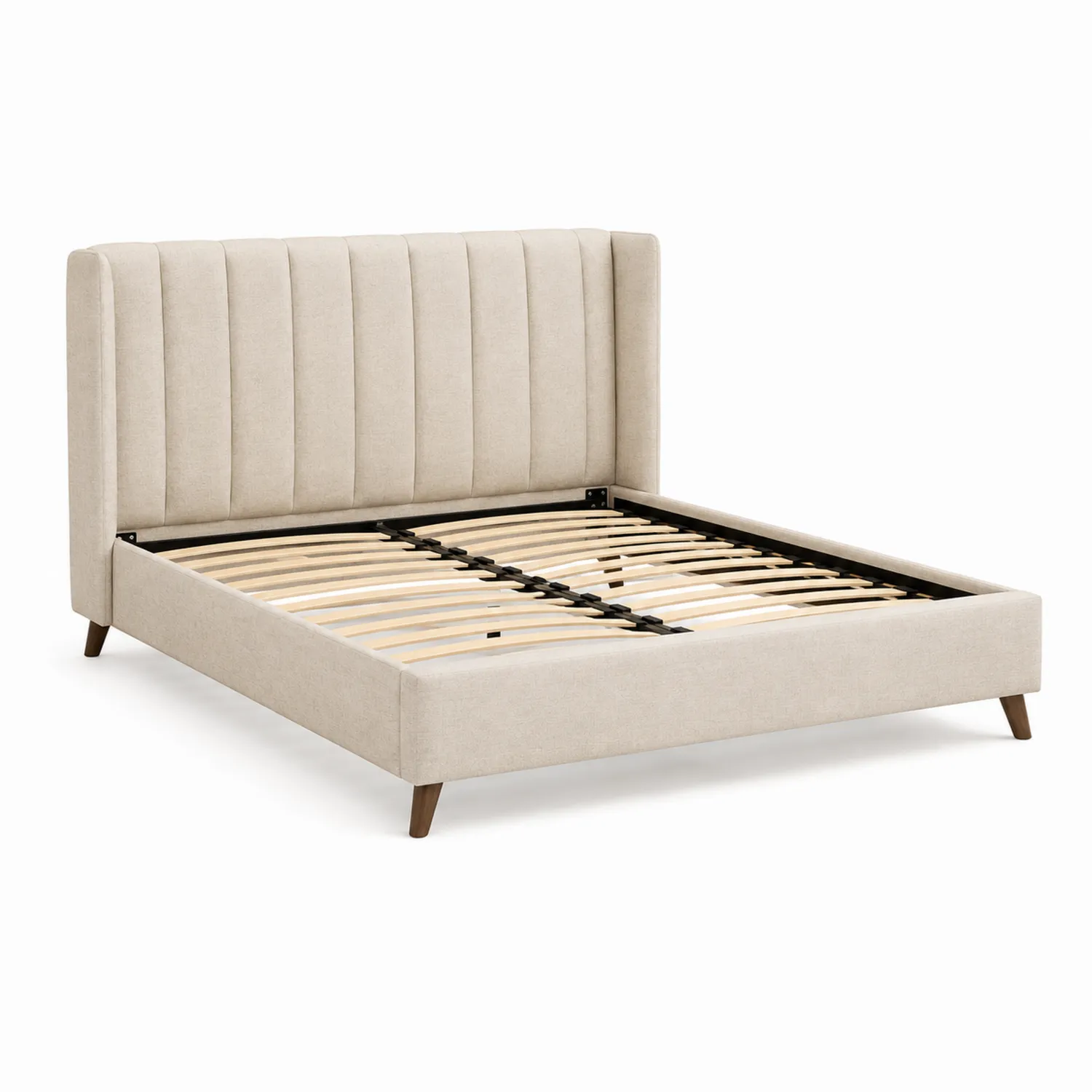Cama doble de madera y tela con cabecero acolchado Beige