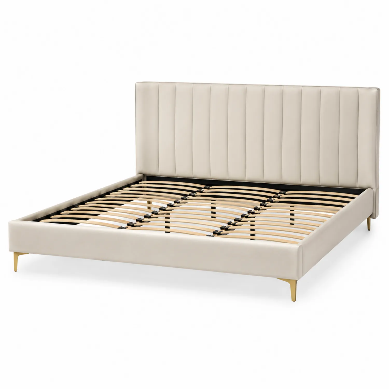Cama matrimonial tapizada en piel sintética beige con patas metálicas doradas