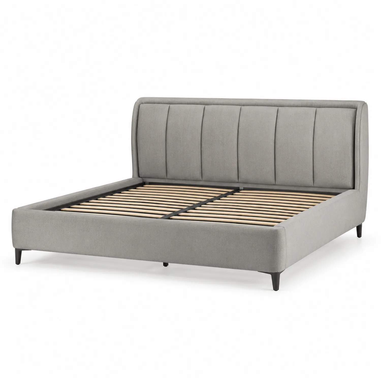 Cama Matrimonial de Tela Gris con Estructura de Madera