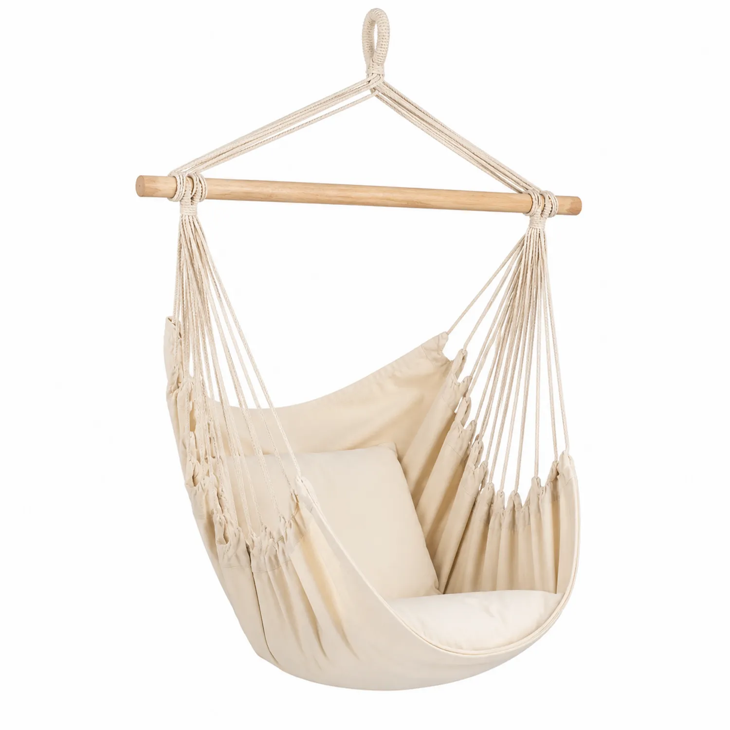 Silla Colgante de Algodón Crema con Marco de Madera