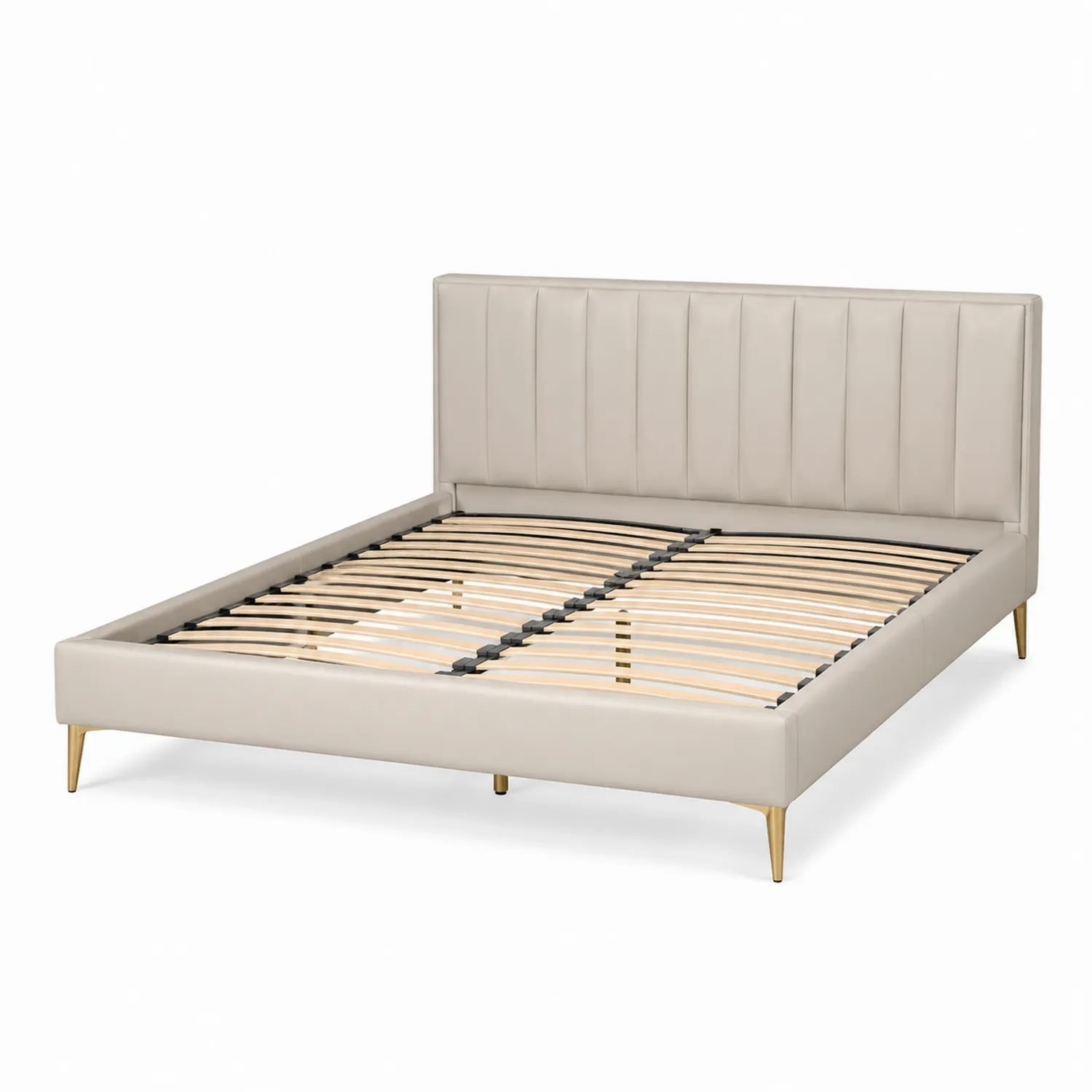 Cama de matrimonio tapizada en piel sintética Beige con patas metálicas doradas 200x160 cm