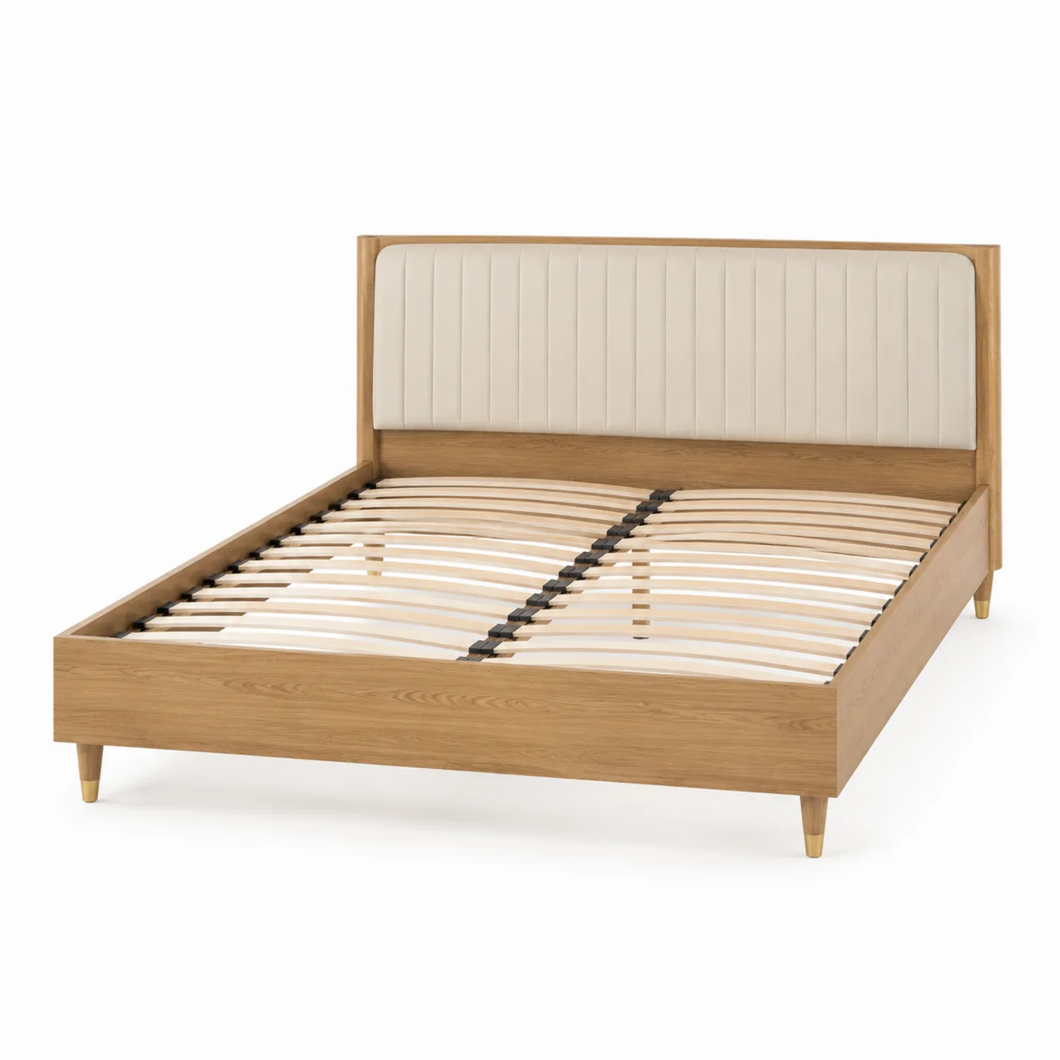 Cama de madera de roble con cabecero tapizado en beige 200x160 cm