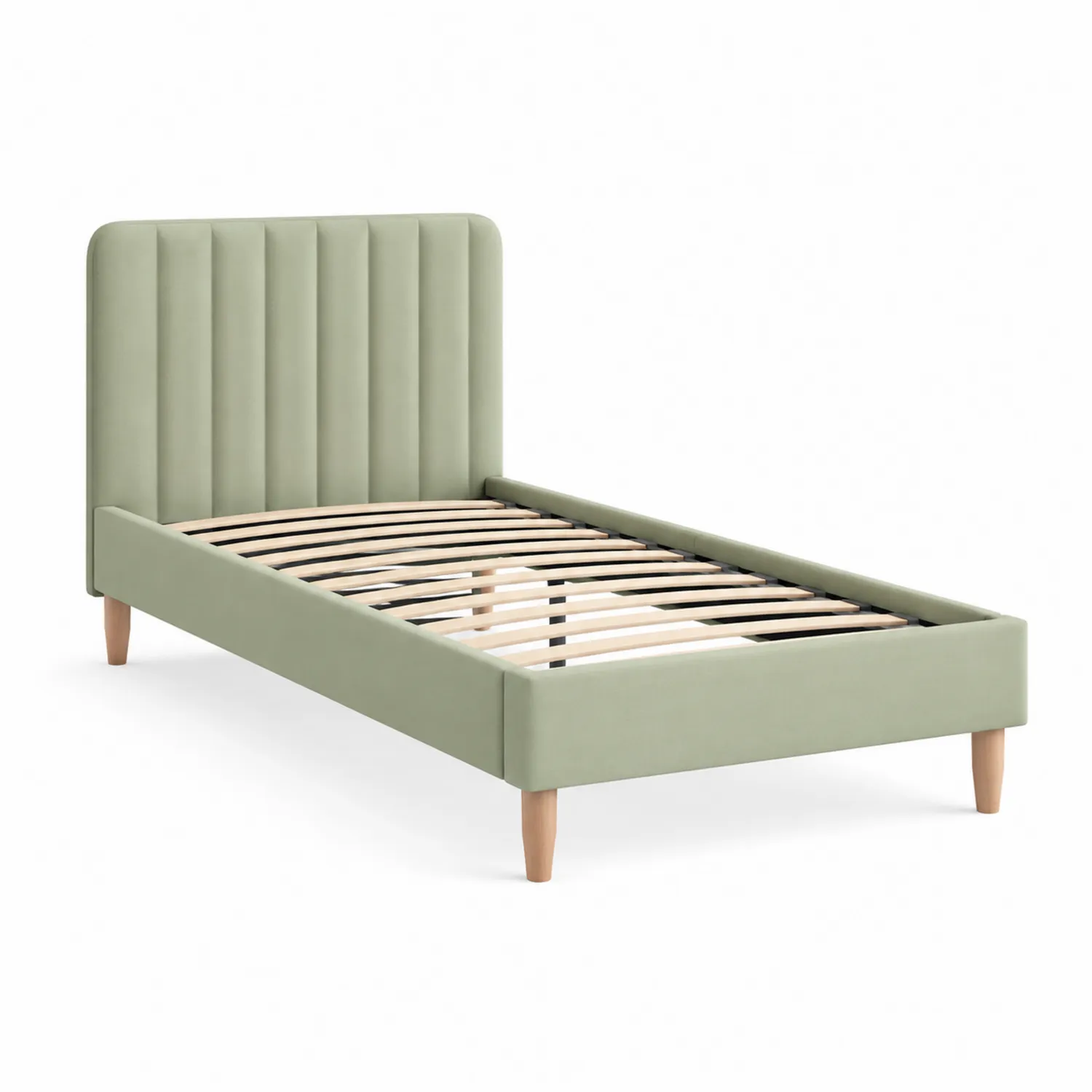 Cama individual con cabecera tapizada de tela y estructura de madera