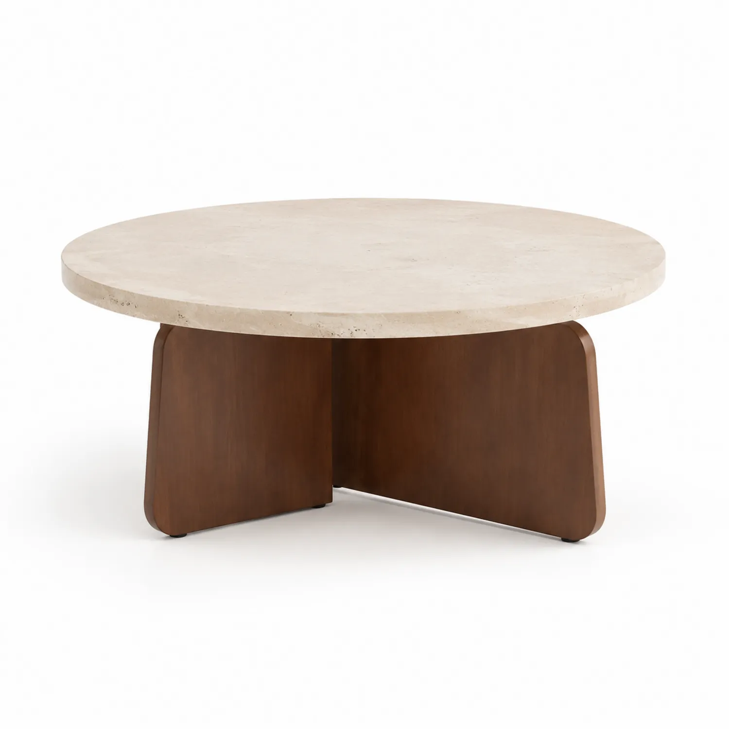 Mesa de centro de mármol travertino con base de madera de nogal