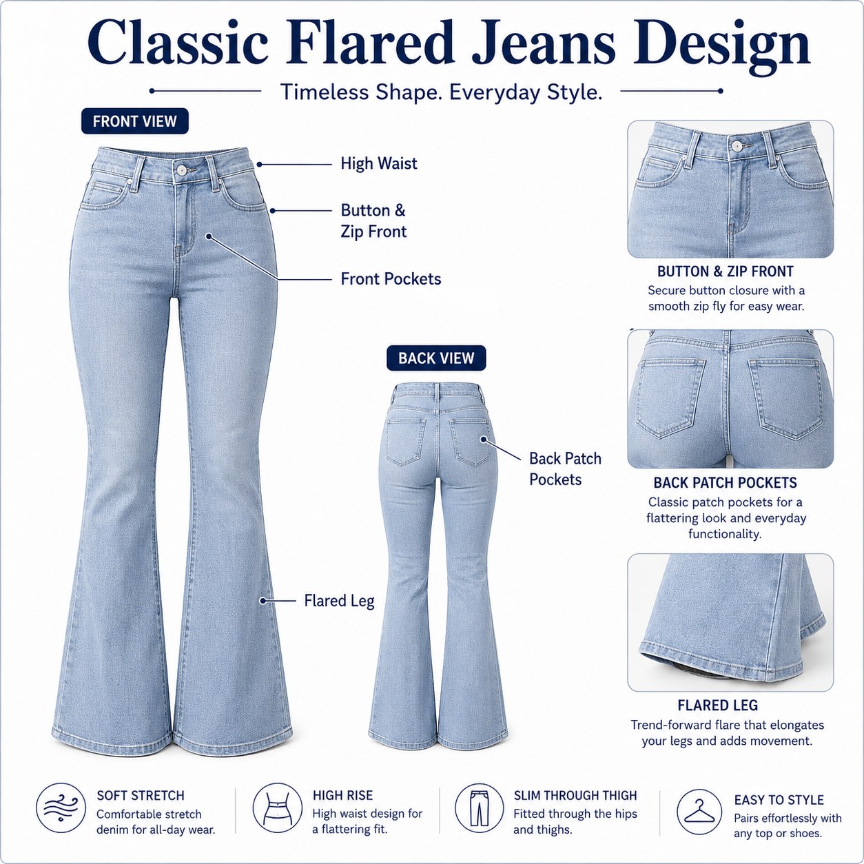 Classic flared jeans design with high waist button zip front pockets back pockets and flare leg details