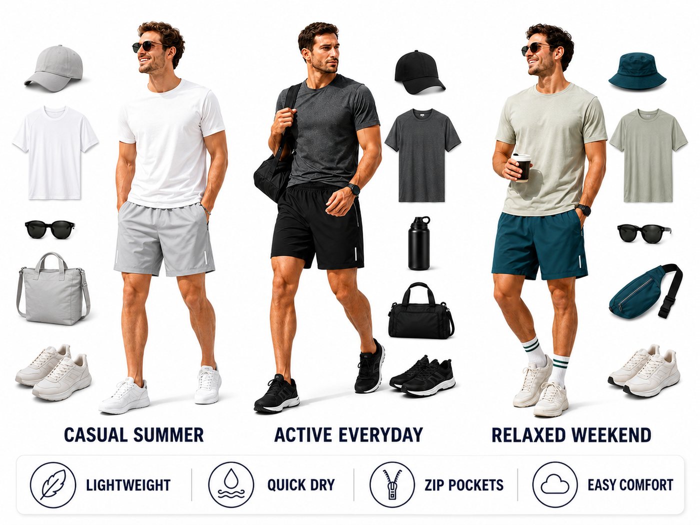 Men's lightweight athletic training shorts styled for casual summer active and relaxed weekend outfits