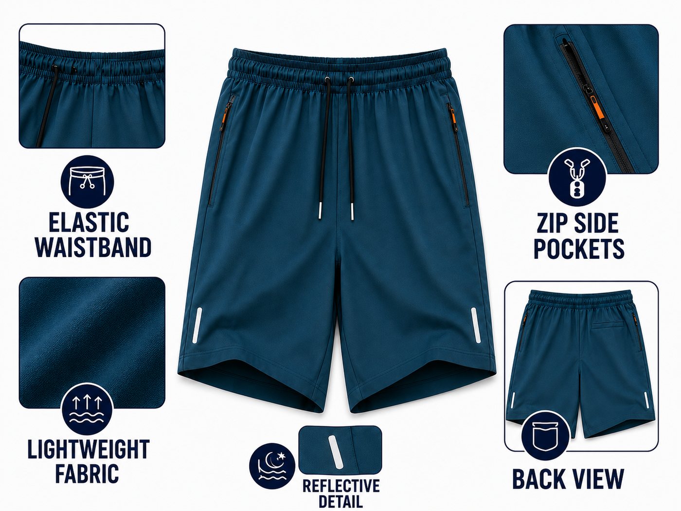 Men's lightweight athletic training shorts design details with elastic waistband zip side pockets reflective trim and back view