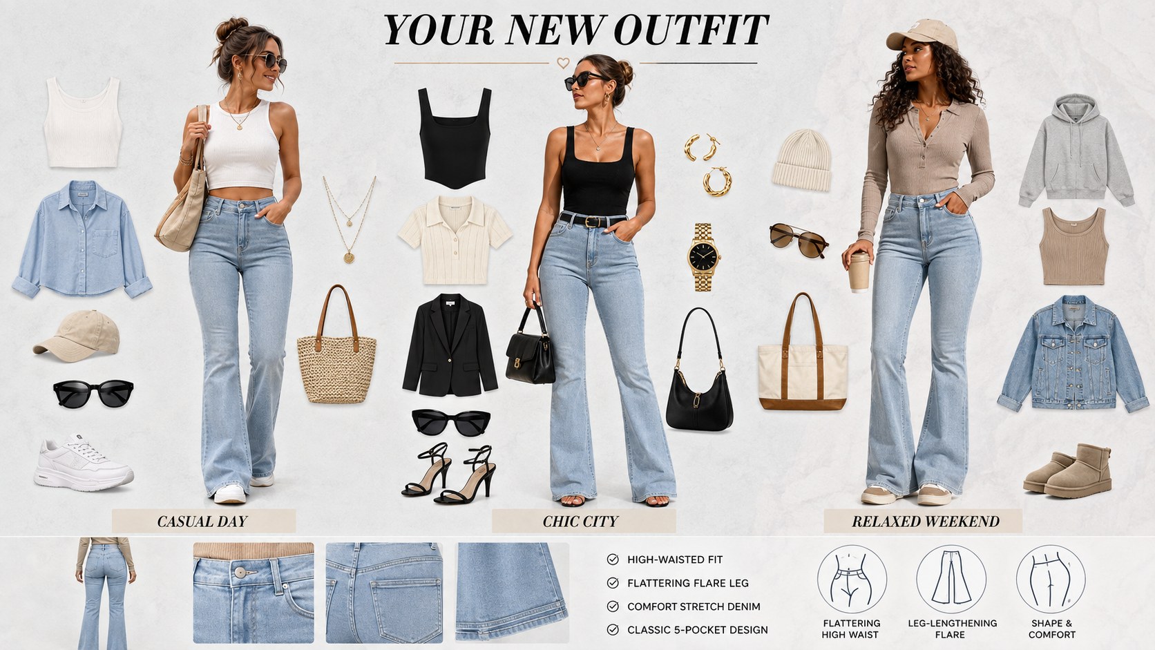 High waist flare jeans outfit guide for casual day chic city and relaxed weekend styling