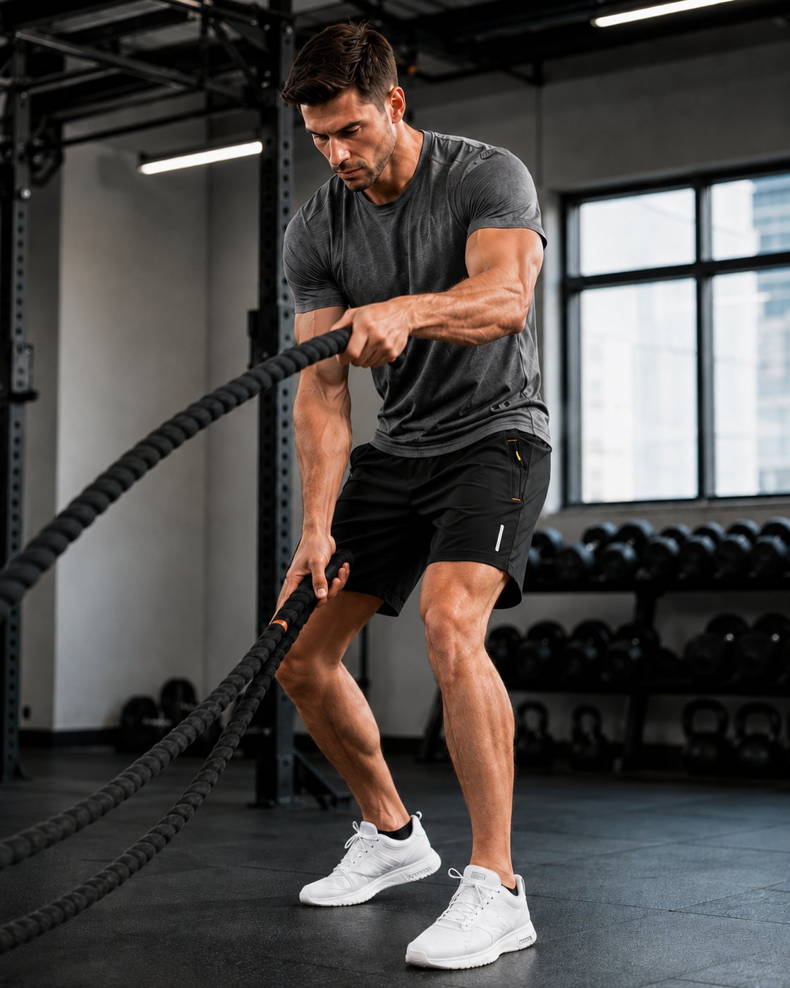 Black lightweight athletic training shorts worn during gym rope training