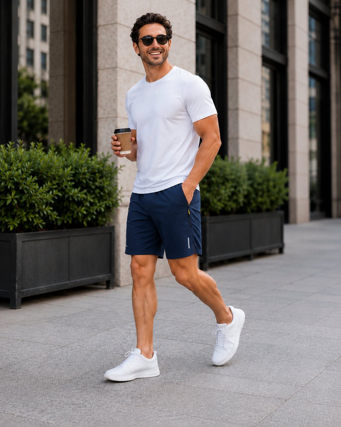 Navy lightweight athletic shorts styled with a white tee for everyday city wear
