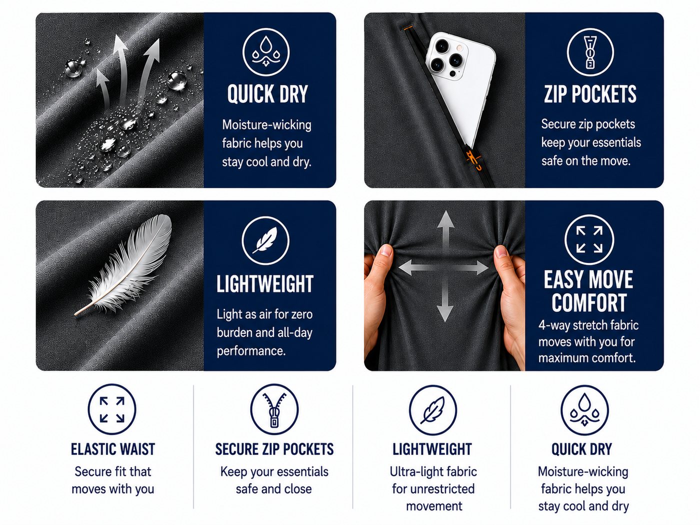 Quick dry zip pocket lightweight and easy move comfort feature cards for men's athletic shorts