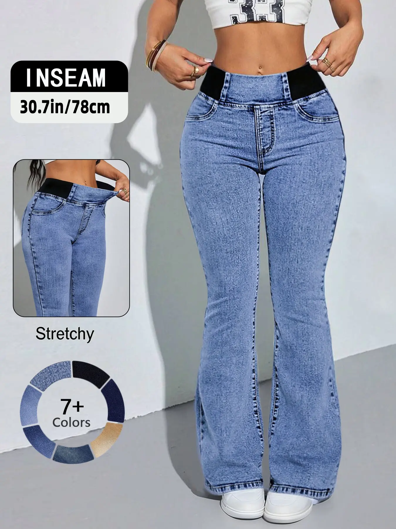 Women's Mid-High Waist Elastic Waist Flared Jeans