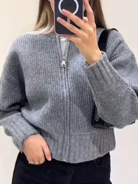Women's Solid Drop Shoulder Zipper Sweater Cardigan, Casual Long Sleeve Round Neck Knitwear for Fall & Winter, Fashion Women's Knit Clothing for Daily Wear