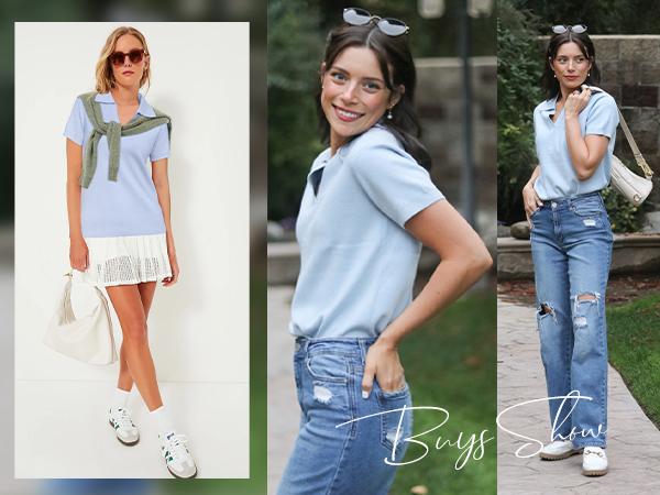 Arach&Cloz Womens Wool Blend Polo Shirts Spring Summer Sweater Tops 2025 Short Sleeve Soft Trendy Business Casual Outfits