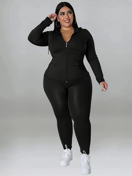 Plus Size Solid Zip Up Hooded Top & Skinny Pants Set, Casual Long Sleeve Hooded Outerwear & Trousers for Women, Women's Christmas and New Year Two-piece Outfits for Spring & Fall