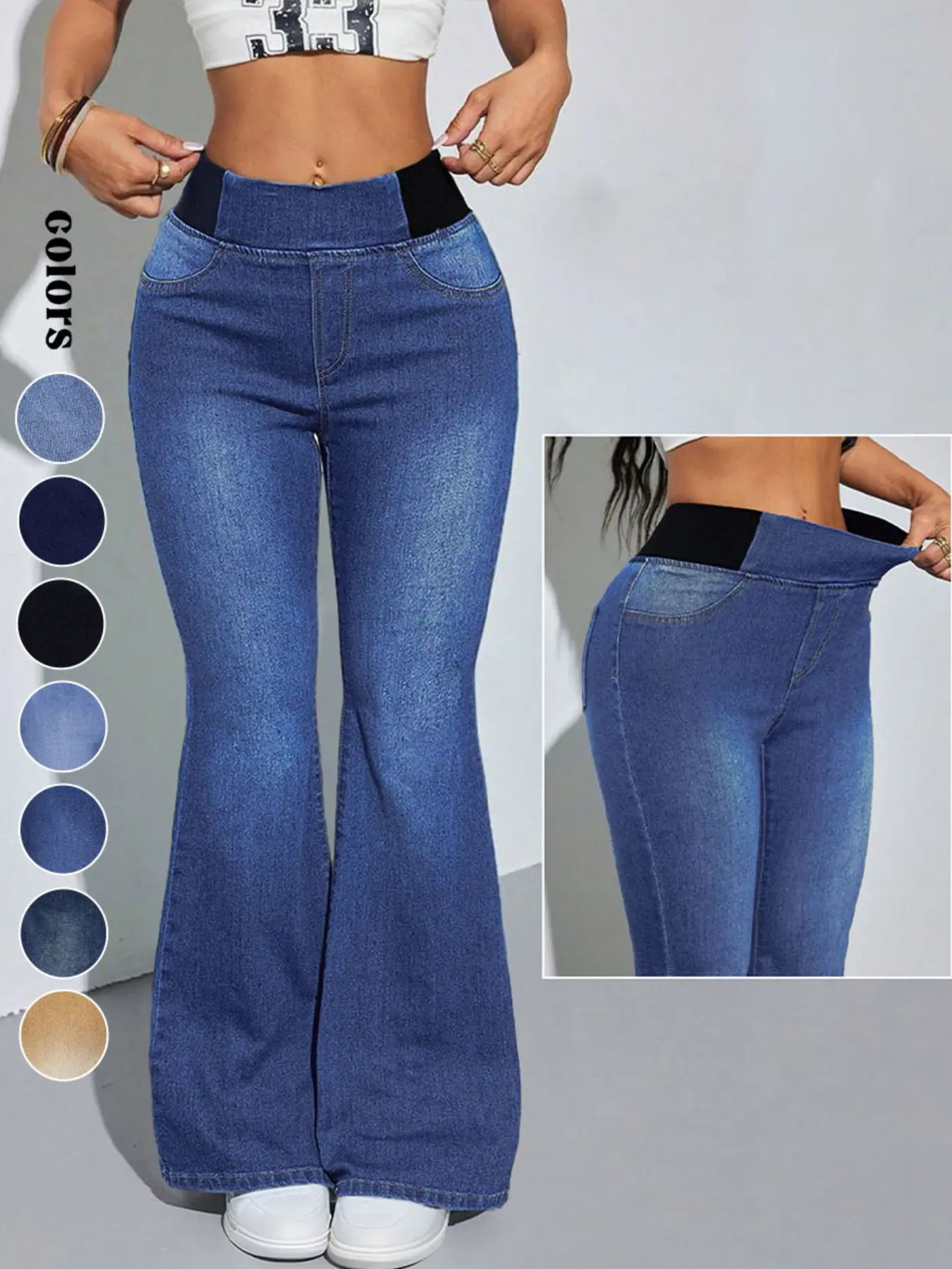 Women's Mid-High Waist Elastic Waist Flared Jeans