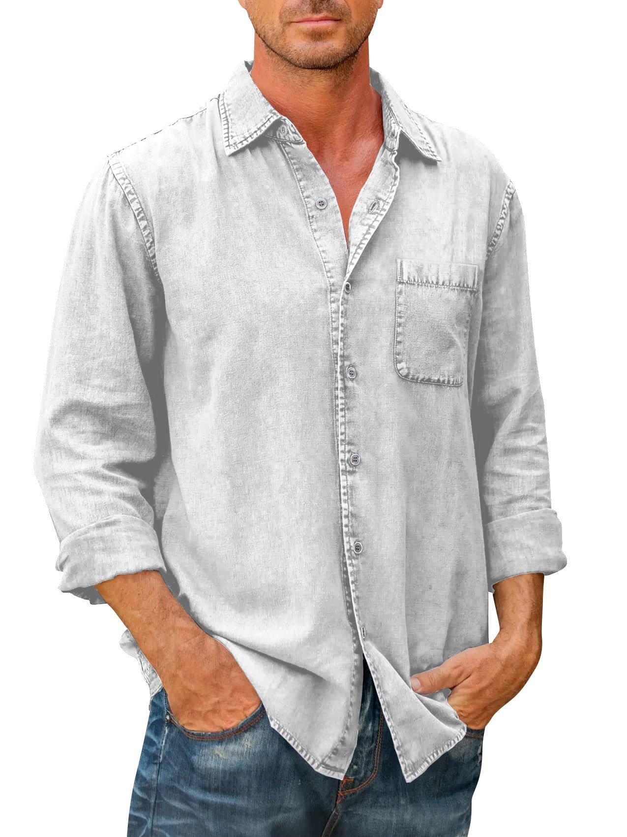 Men's washed long sleeve button-down shirt white
