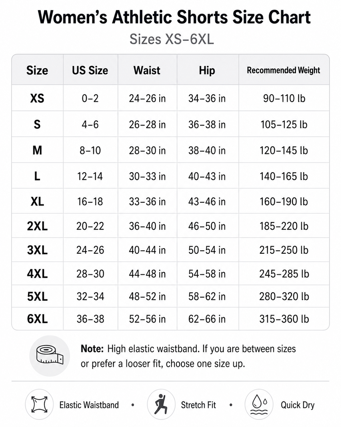 Women's athletic shorts size chart XS-6XL