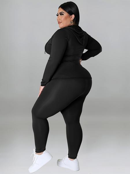 Plus Size Solid Zip Up Hooded Top & Skinny Pants Set, Casual Long Sleeve Hooded Outerwear & Trousers for Women, Women's Christmas and New Year Two-piece Outfits for Spring & Fall