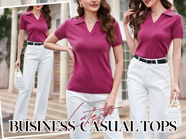 Arach&Cloz Womens Wool Blend Polo Shirts Spring Summer Sweater Tops 2025 Short Sleeve Soft Trendy Business Casual Outfits