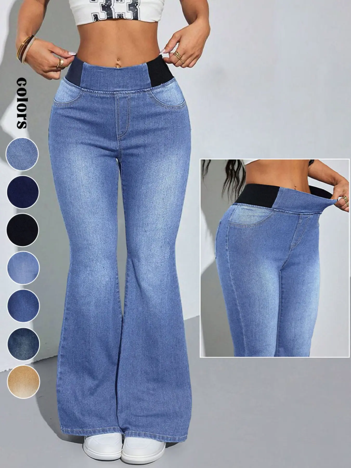 Women's Mid-High Waist Elastic Waist Flared Jeans
