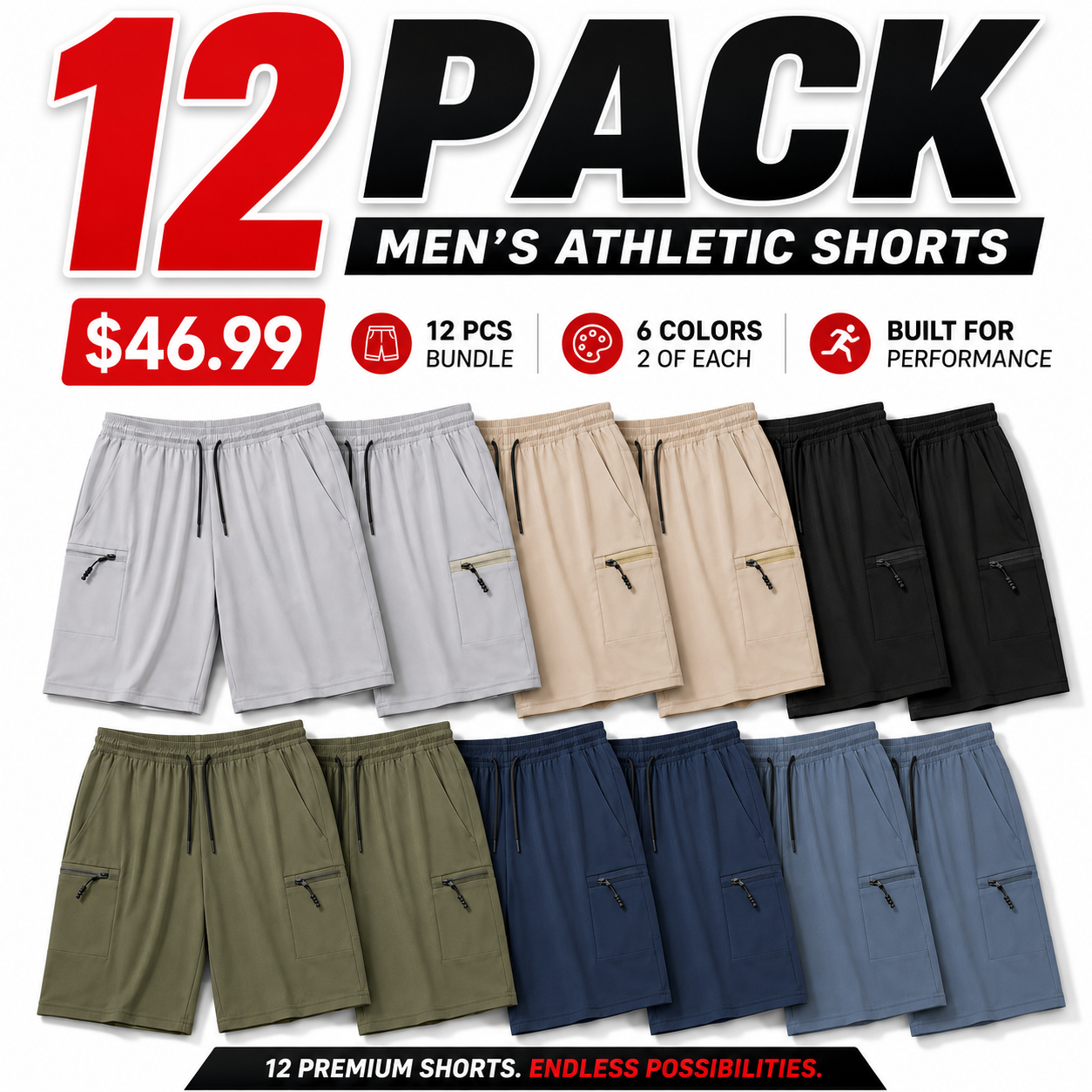 Men's Athletic Shorts 12-Pack and 6-Pack Set
