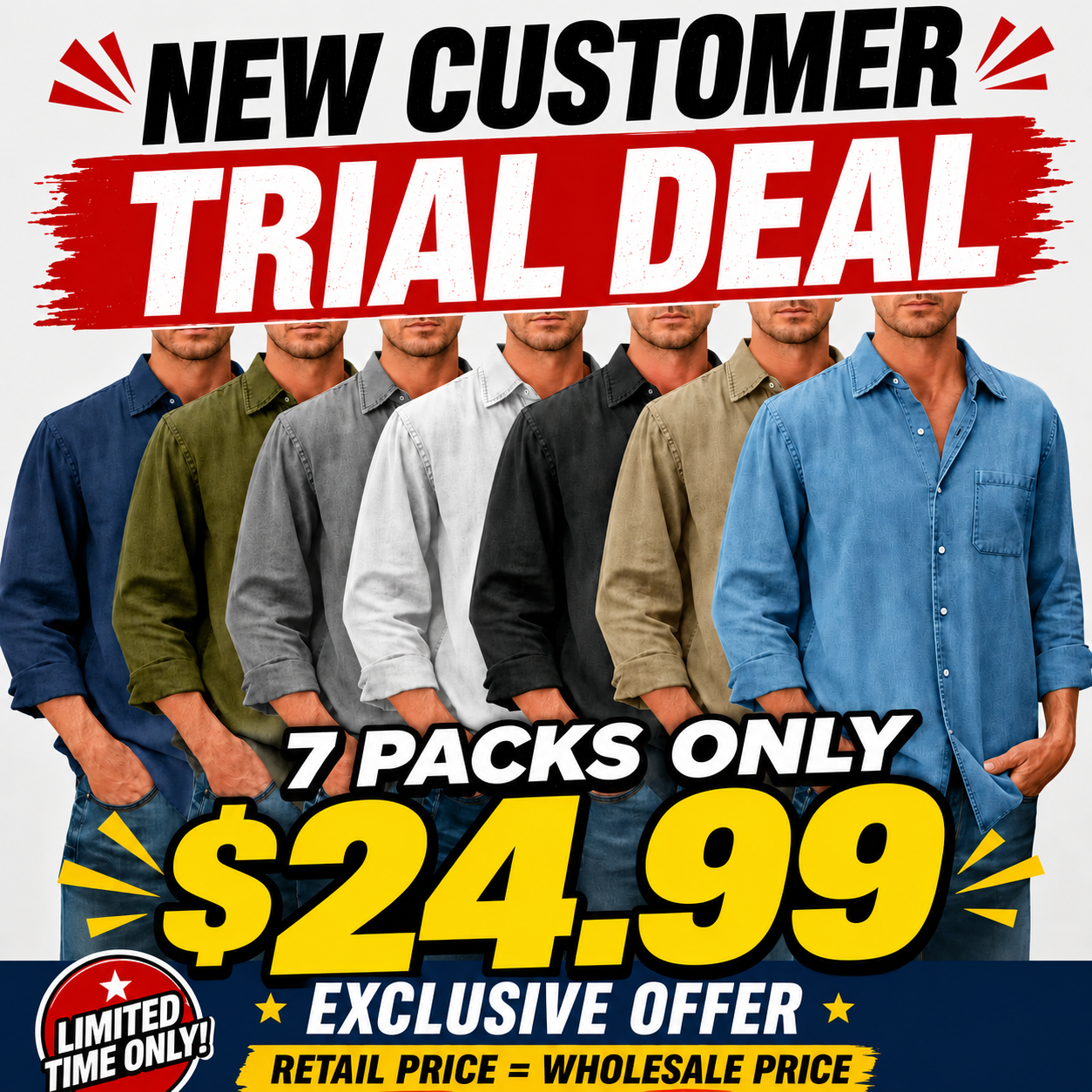Men's 7-Pack Washed Long Sleeve Button-Down Shirts