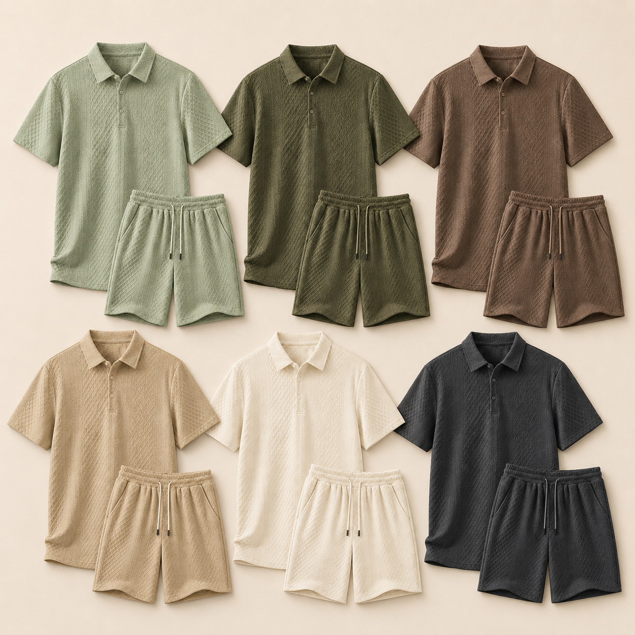 6-Pack Light Set men textured knit polo shorts set