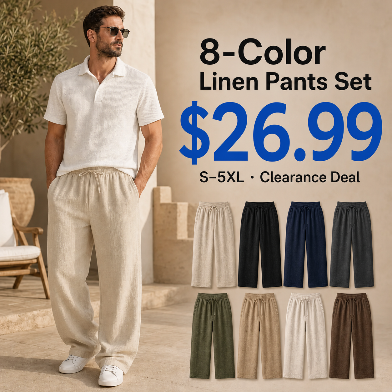 Mens Linen-Blend Drawstring Wide Leg Pants