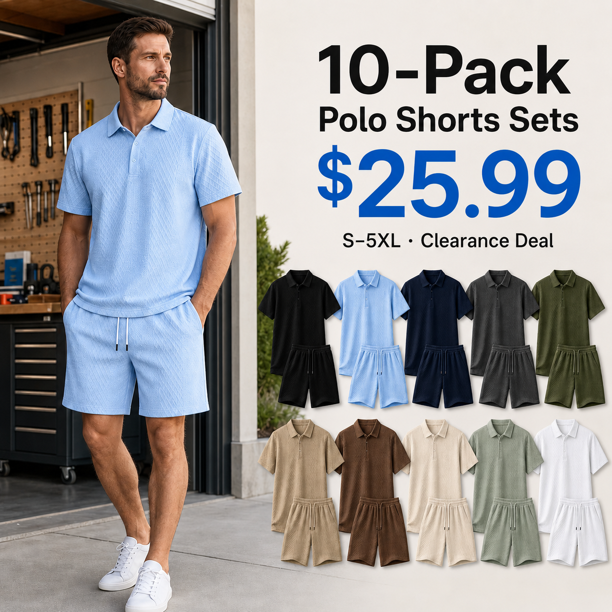 Men's Textured Knit Polo & Shorts Set.