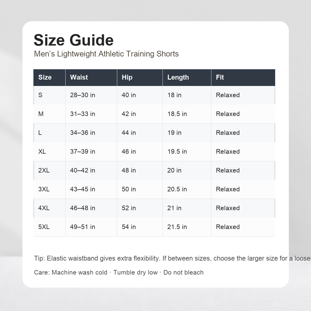Men athletic training shorts size guide S to 5XL