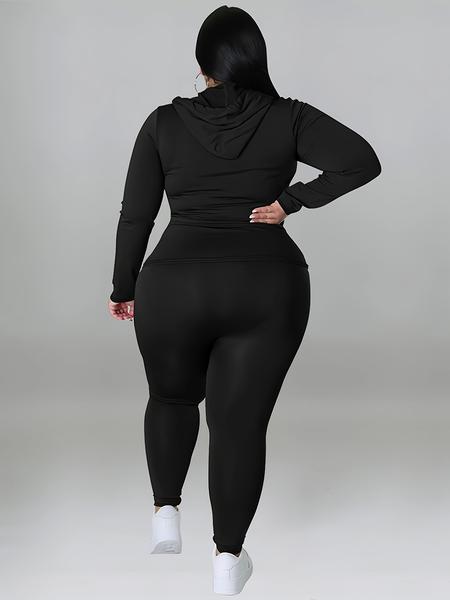 Plus Size Solid Zip Up Hooded Top & Skinny Pants Set, Casual Long Sleeve Hooded Outerwear & Trousers for Women, Women's Christmas and New Year Two-piece Outfits for Spring & Fall