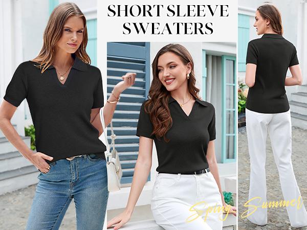 Arach&Cloz Womens Wool Blend Polo Shirts Spring Summer Sweater Tops 2025 Short Sleeve Soft Trendy Business Casual Outfits