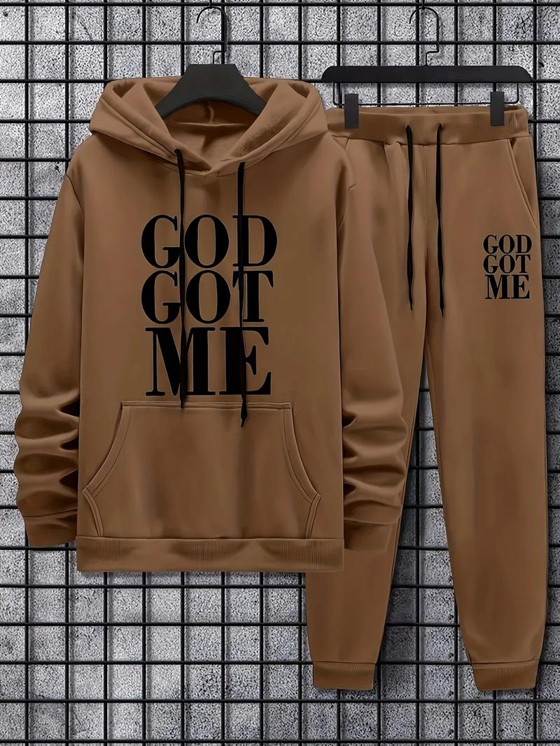 Casual hoodie and sweatpants set - fleece lining, long sleeves, printed design | machine washable