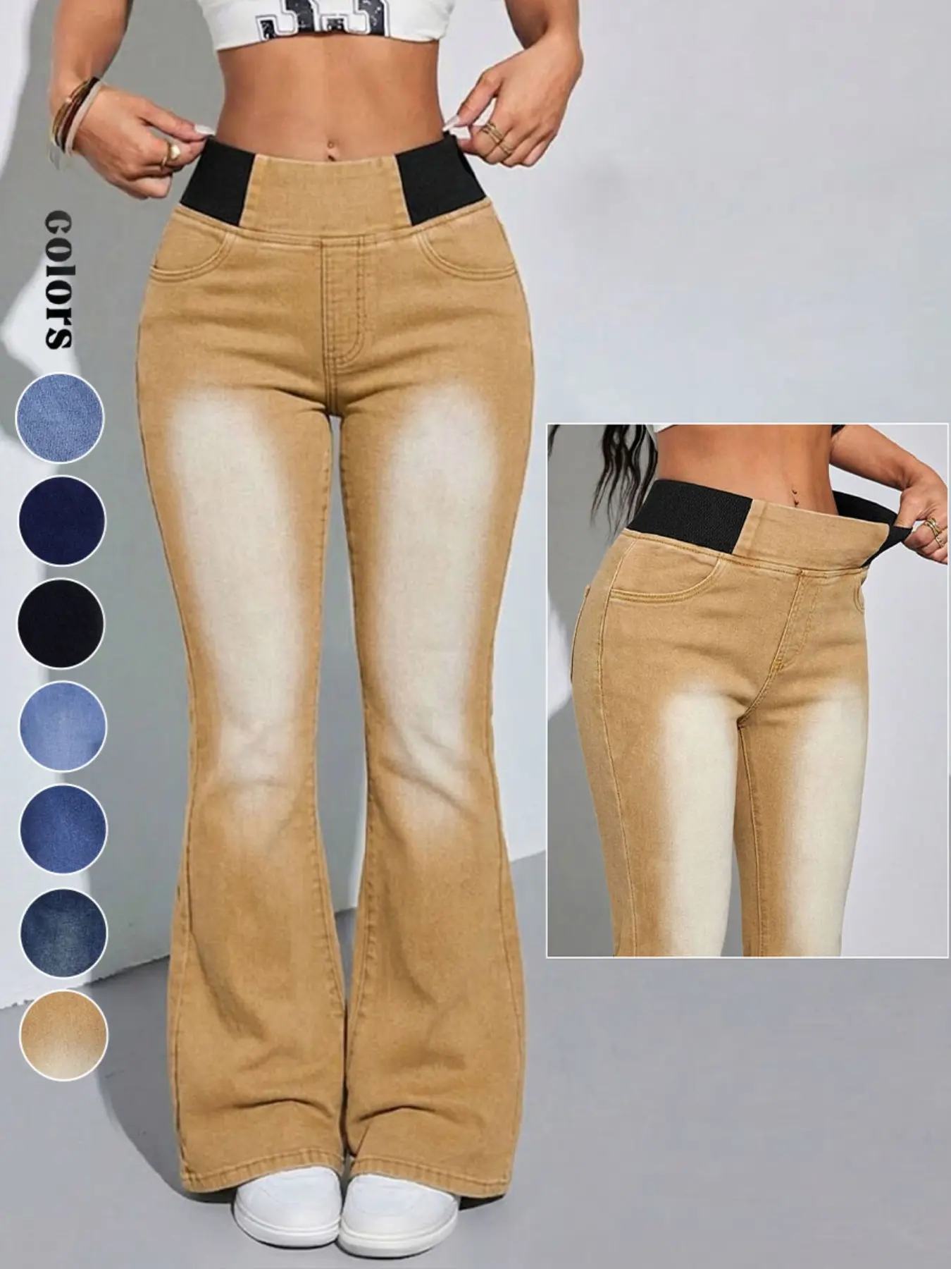 Women's Mid-High Waist Elastic Waist Flared Jeans