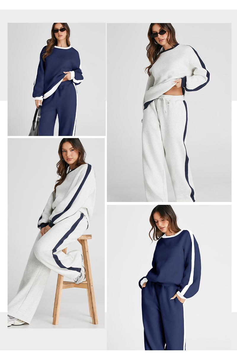 Aleumdr Women's 2 Piece Outfit Fleece Sweatsuit Casual Lounge Matching Sets Crewneck Loose Fit Cozy Sweatshirt & Straight Leg Sweatpants Womenswear