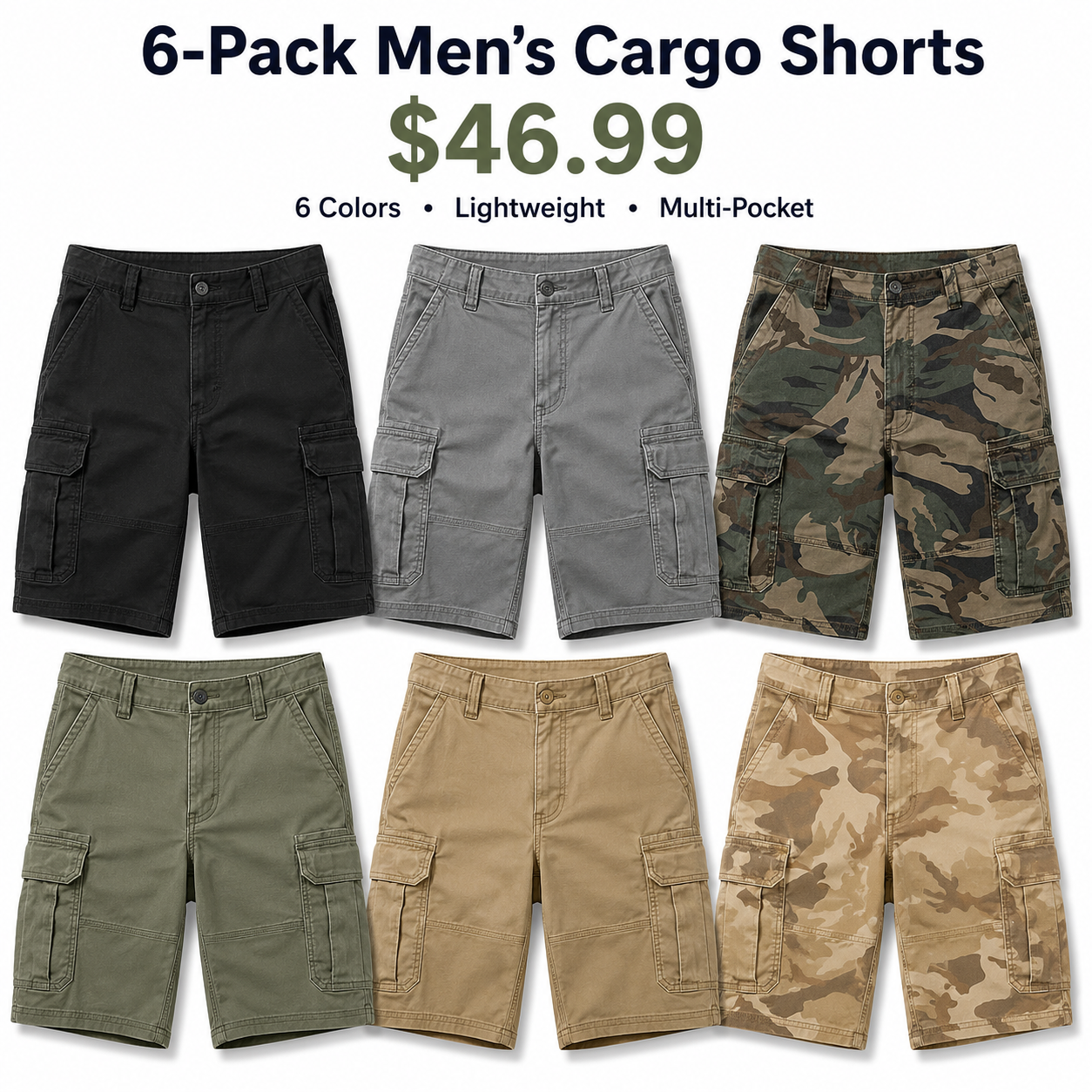 6-Pack Men's Lightweight Cargo Shorts - Classic 6-Color Pack