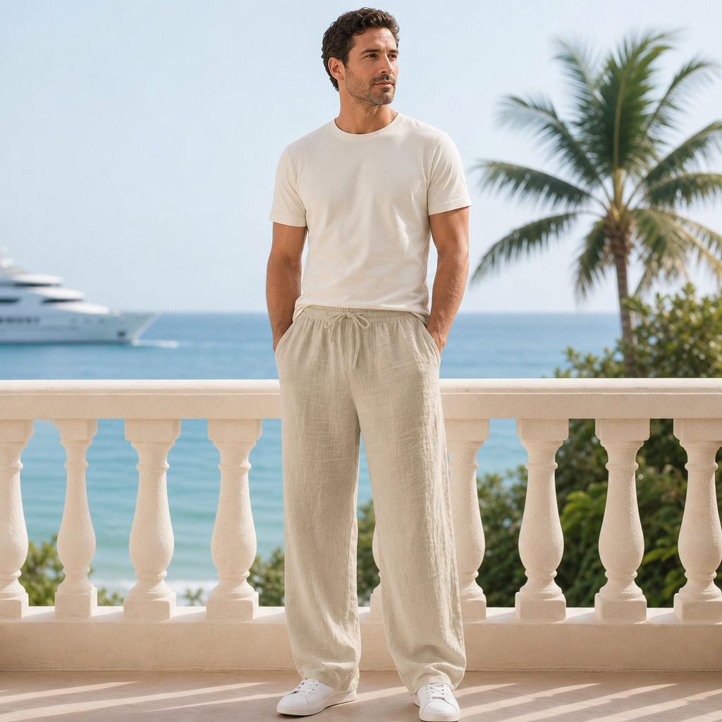 Men linen-blend drawstring wide leg pants front wearing image
