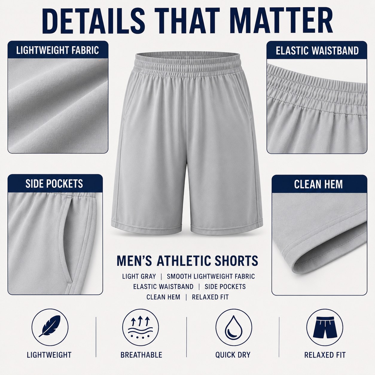 Details that matter for men's athletic shorts including lightweight fabric elastic waistband side pockets and clean hem