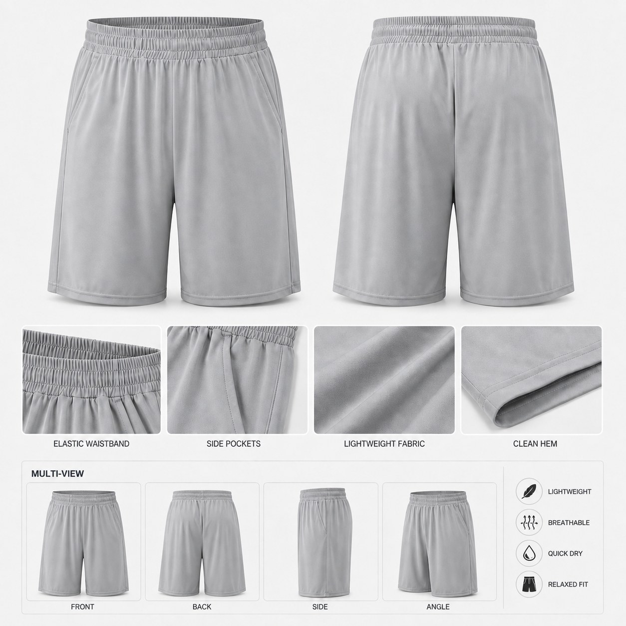 Men's athletic shorts front back multi view with elastic waistband side pockets lightweight fabric and clean hem